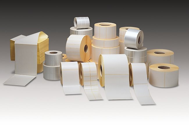 Rolls of plain white labels.